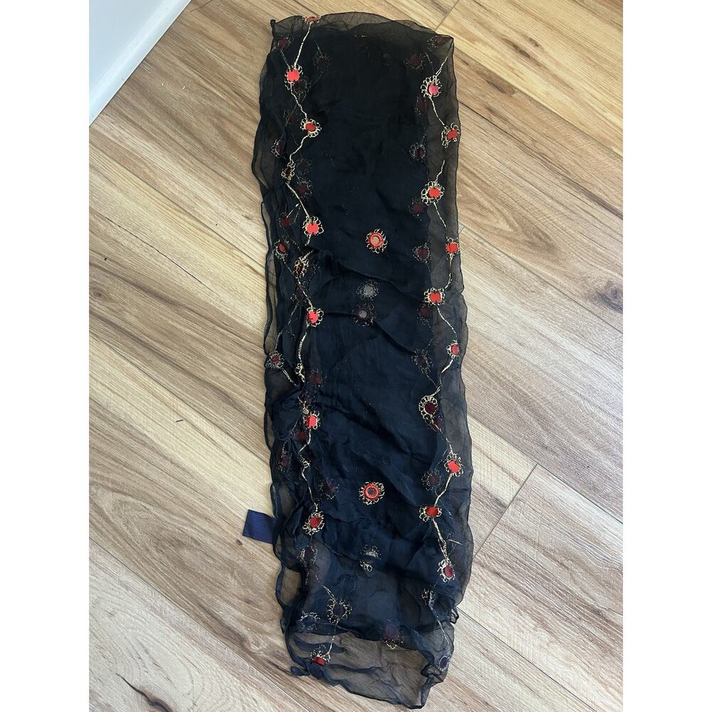 Honey Made in India 100% Rayon Black‎ Gold red pattern embroidered scarf cloth